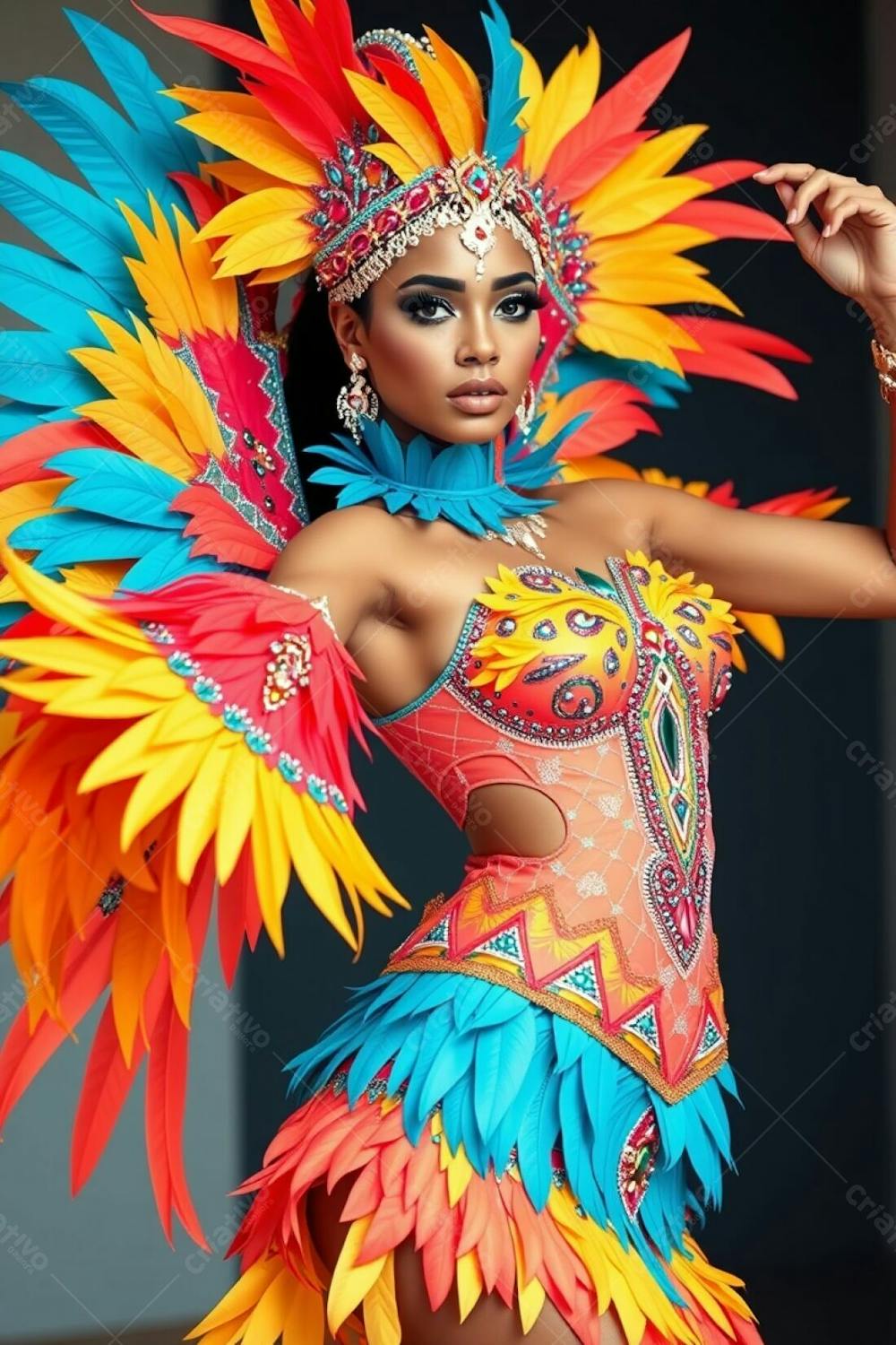 Mulher Linda Sambando Fantasiada De Carnaval Roupa Colorida