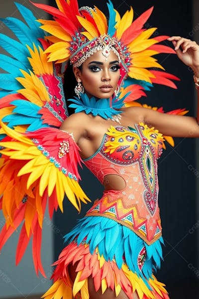 Mulher Linda Sambando Fantasiada De Carnaval Roupa Colorida