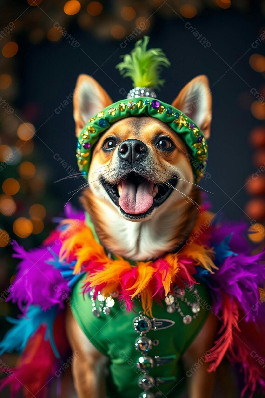 Cachorro feliz em fantasia colorida