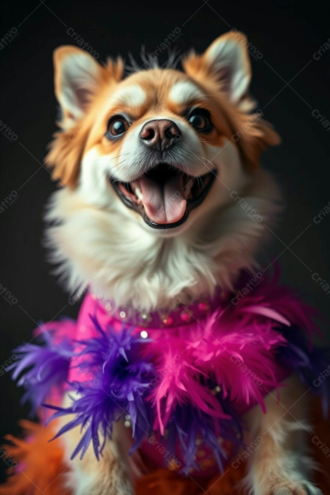 Cachorro feliz com roupa de penas