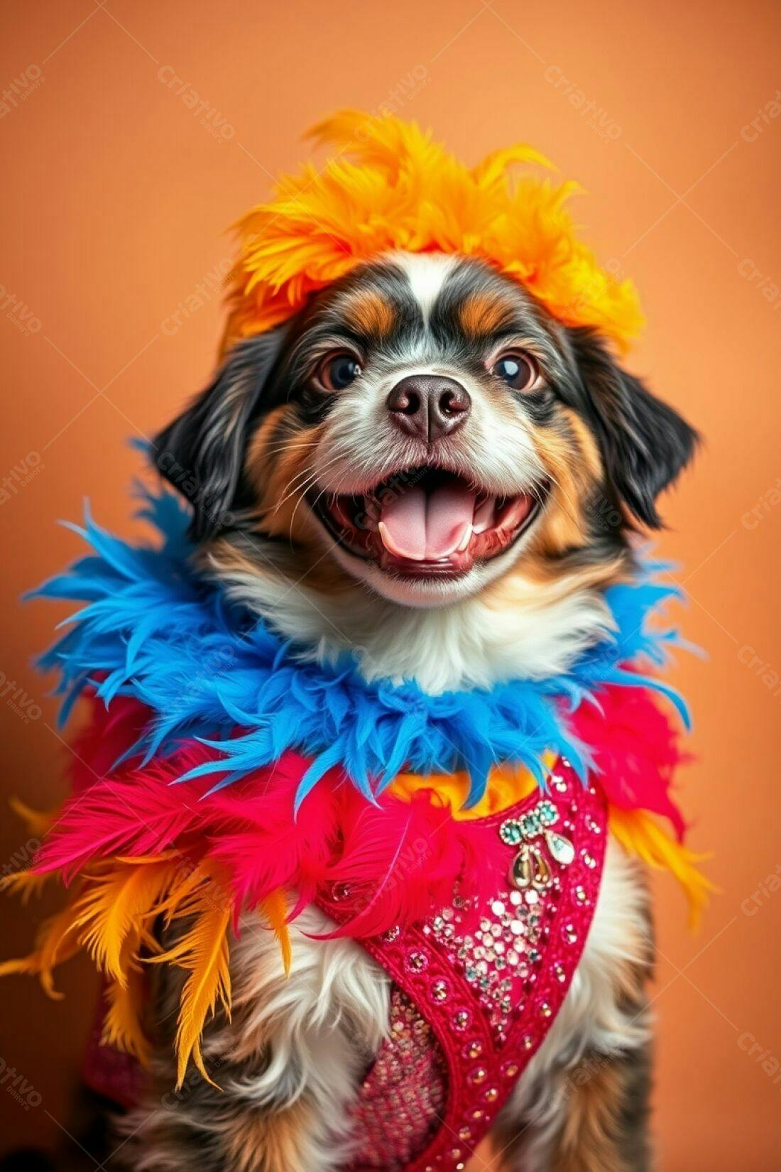 Cachorro feliz com fantasia colorida