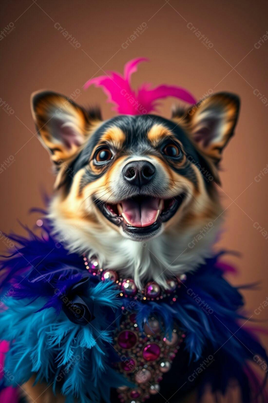 Cachorro feliz com penas azuis e rosa