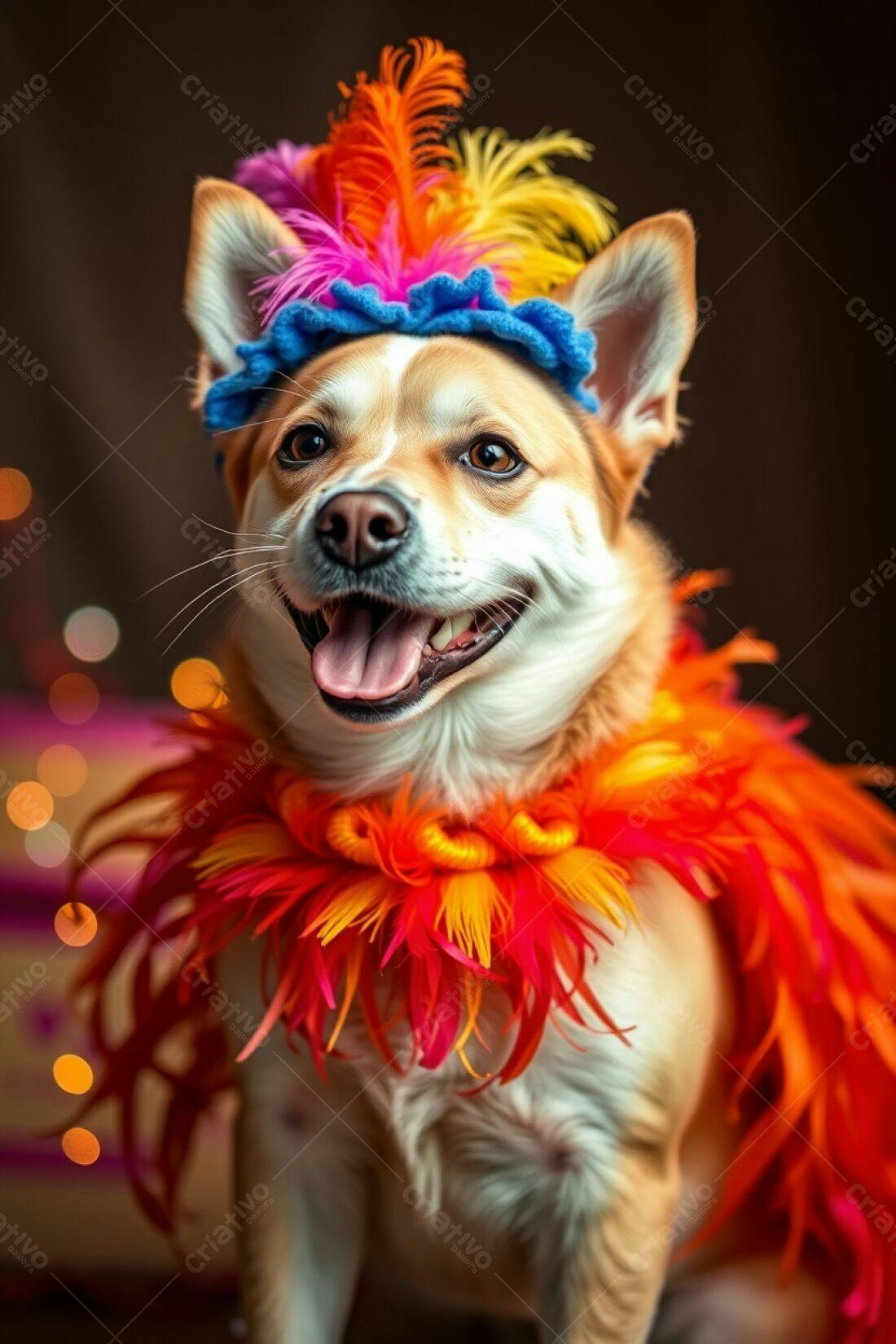 Cachorro com fantasia colorida e alegre