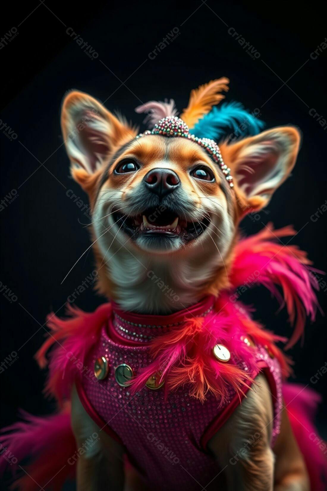 Cachorro Chihuaua com fantasia de penas
