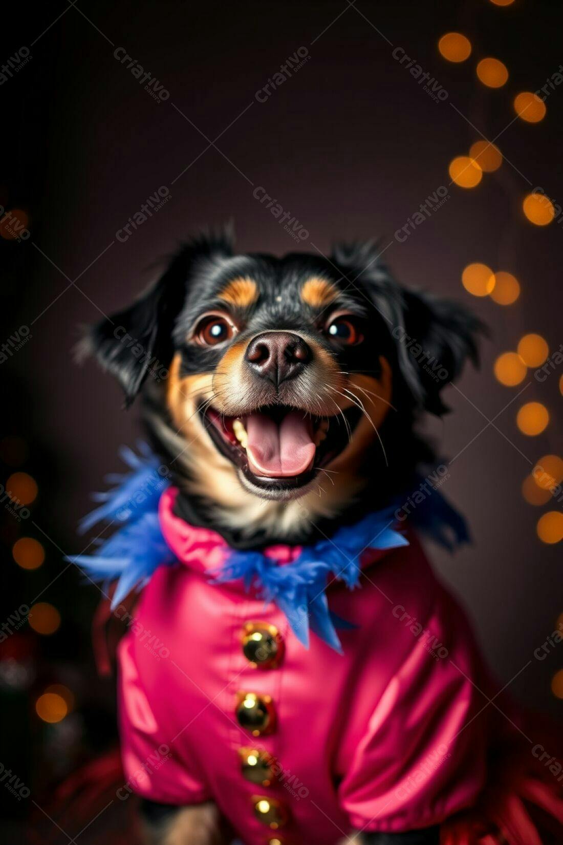 Cachorro feliz em roupa rosa fundo escuro
