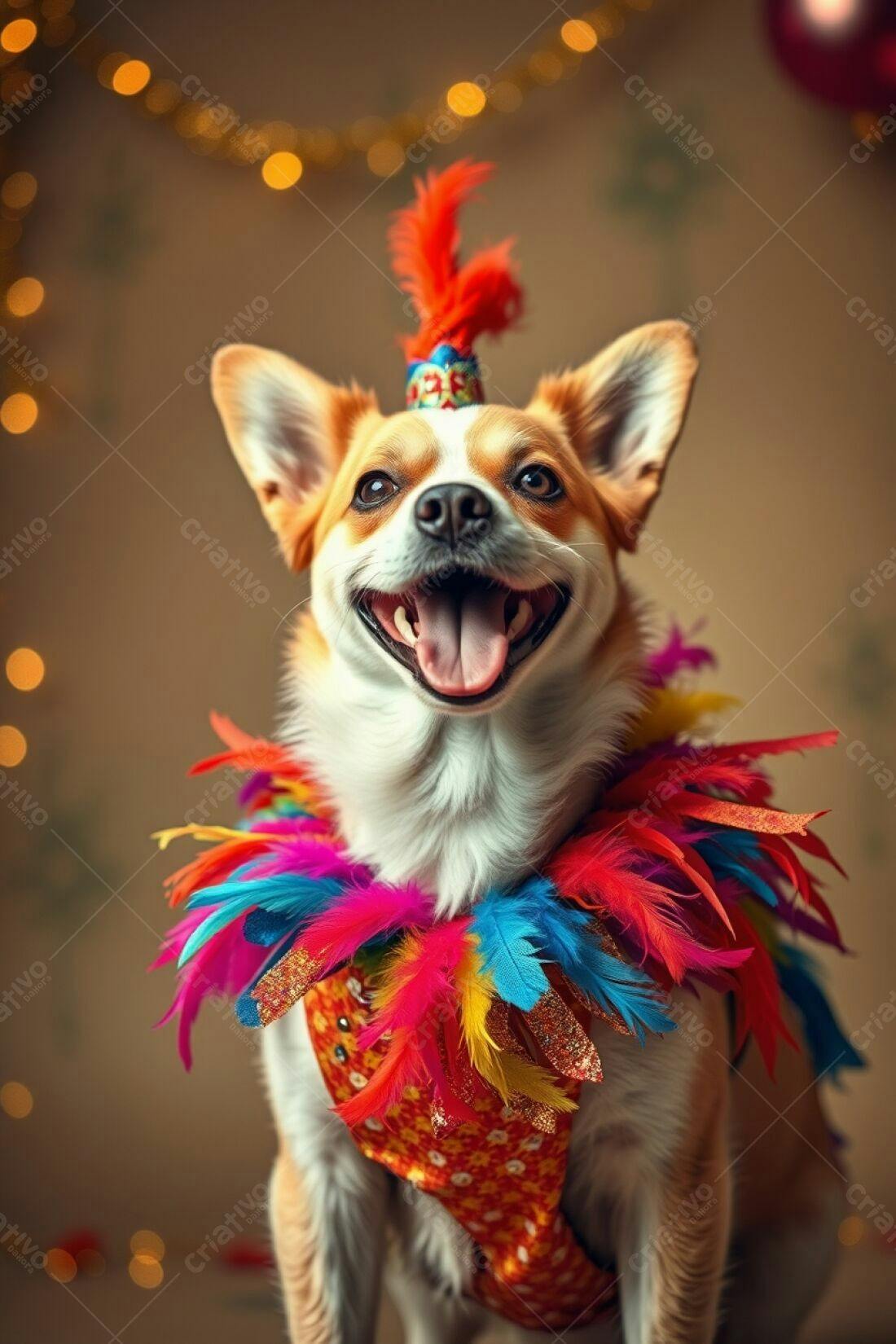 Cachorro feliz com fantasia colorida