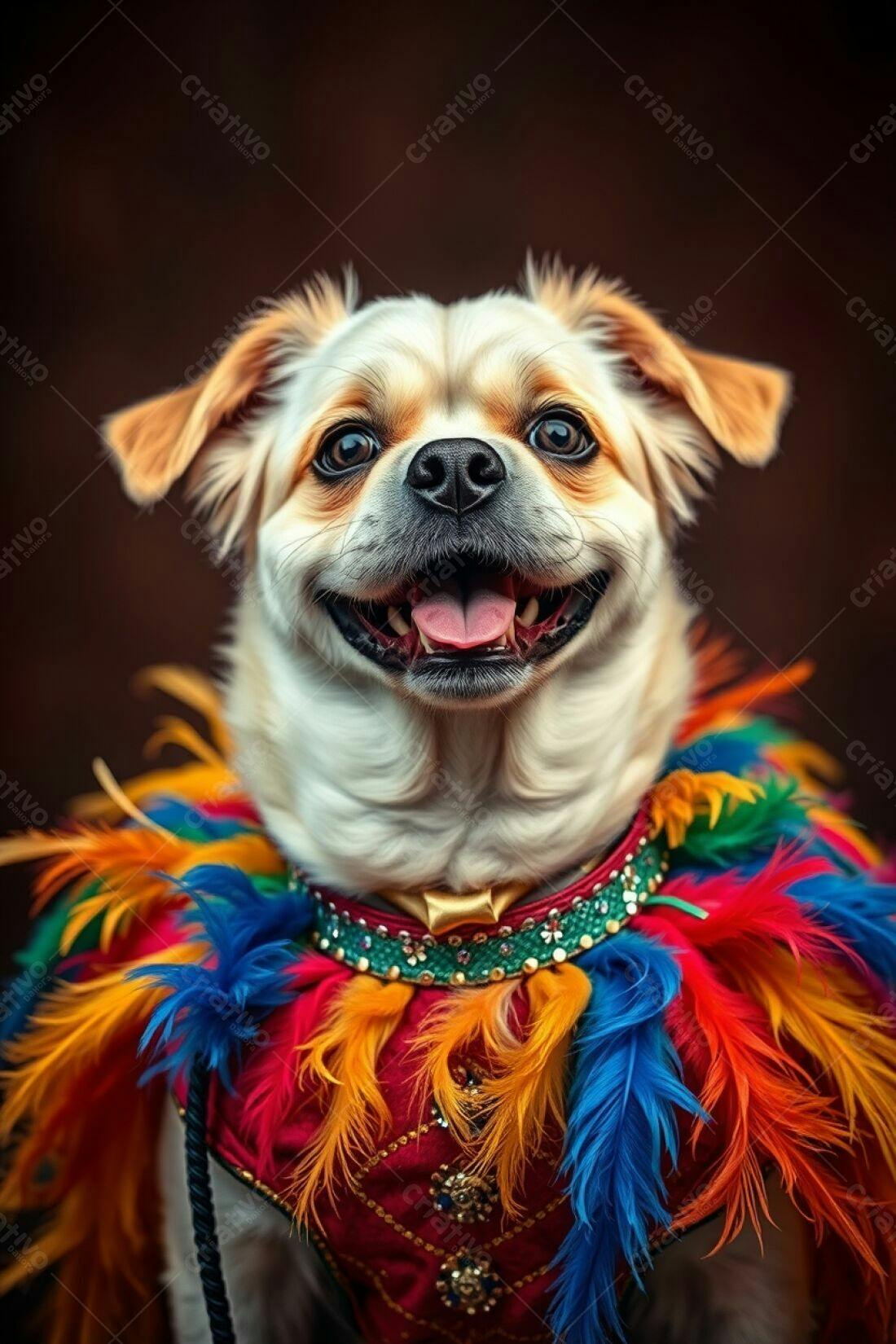 Cachorro feliz com fantasia colorida