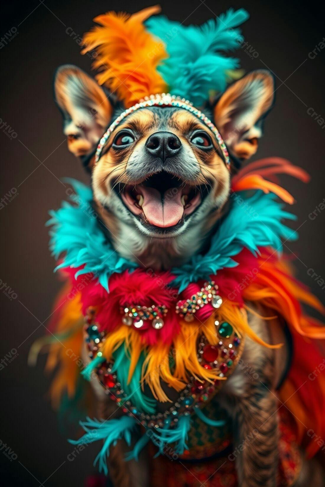 Cachorro feliz com fantasia colorida