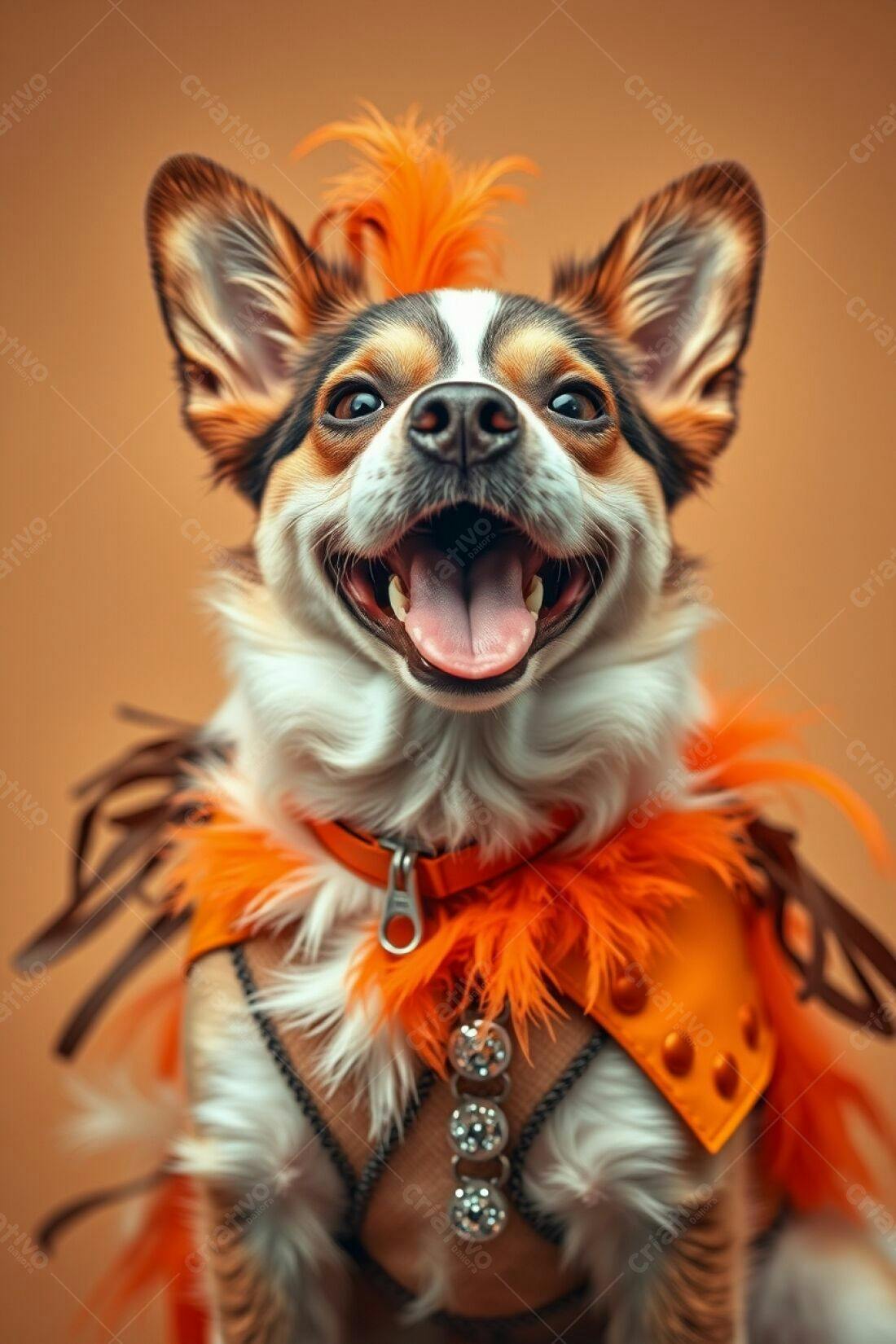 Cachorro feliz com fantasia laranja