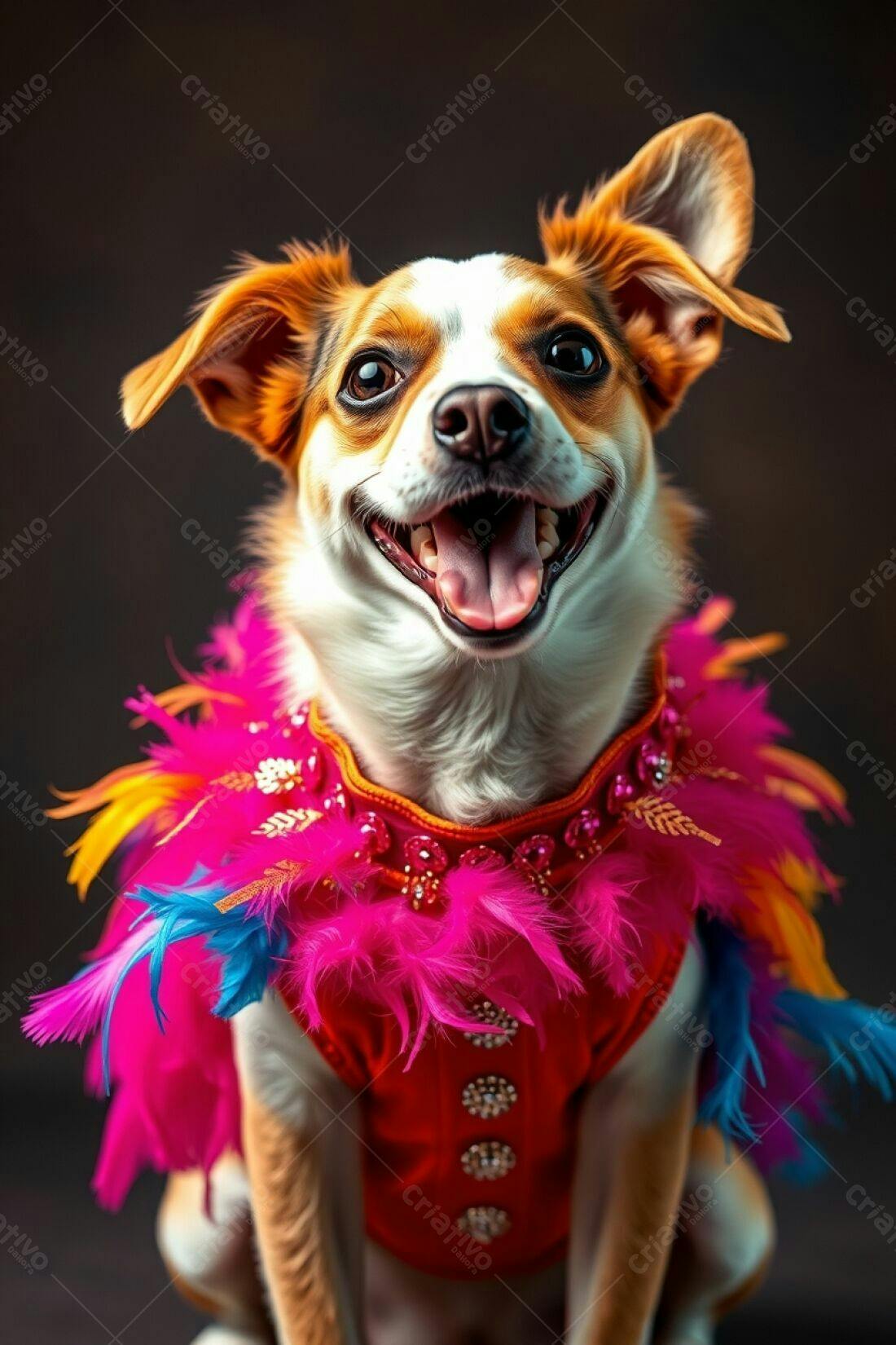 Cachorro feliz com fantasia de penas coloridas