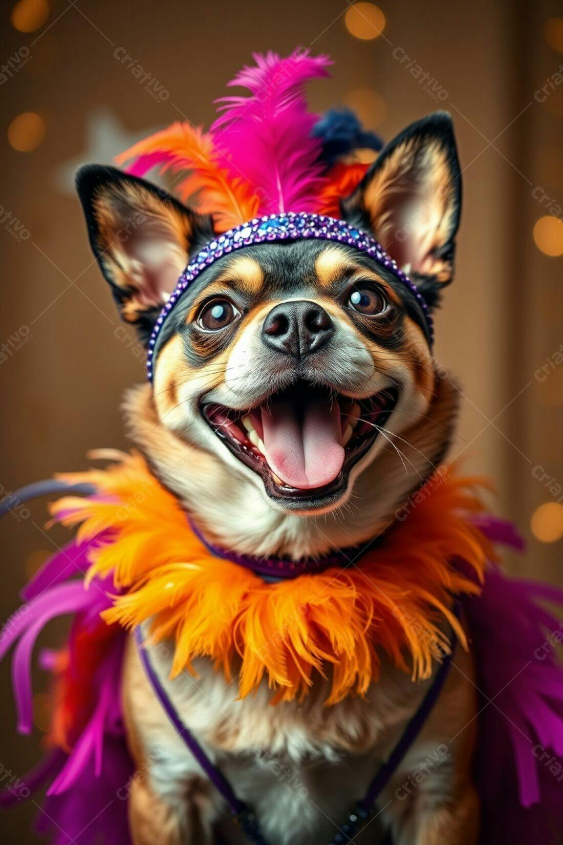 Chihuahua sorridente com fantasia de carnaval