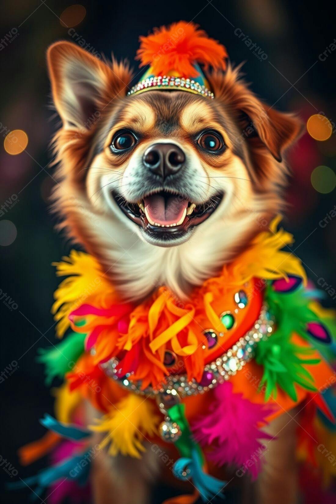 Cachorro feliz com roupa colorida