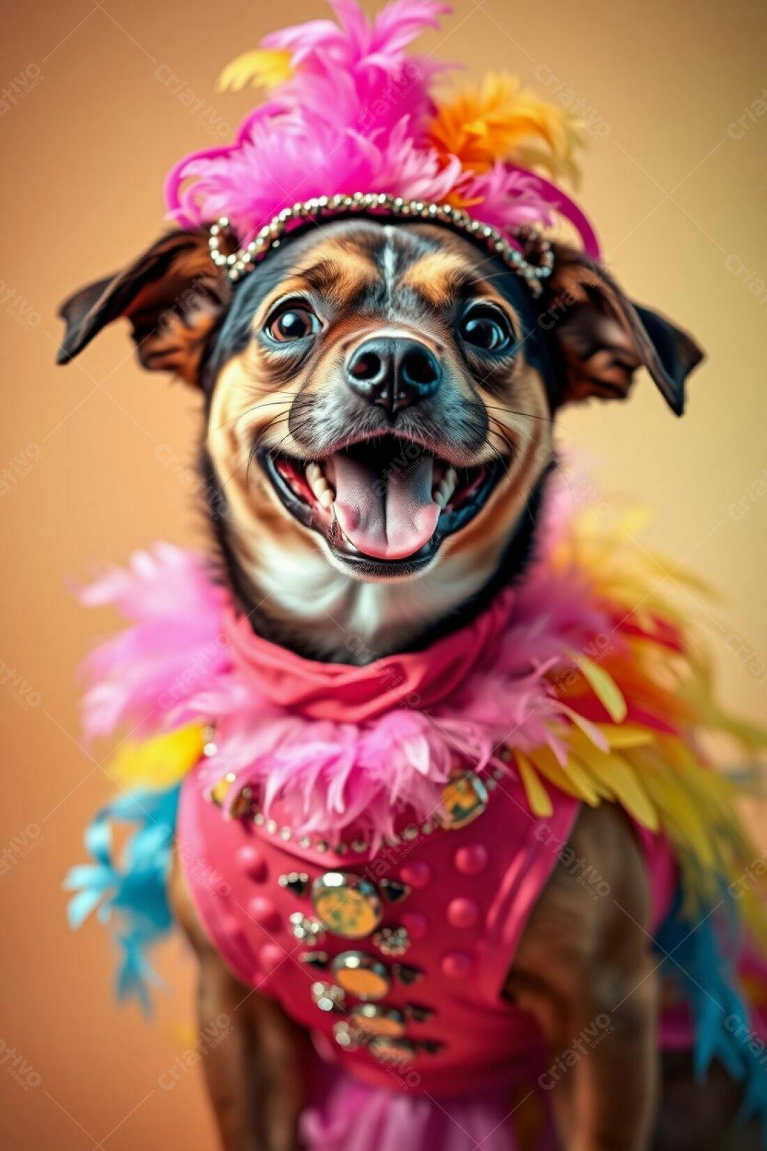 Cachorro feliz com fantasia colorida