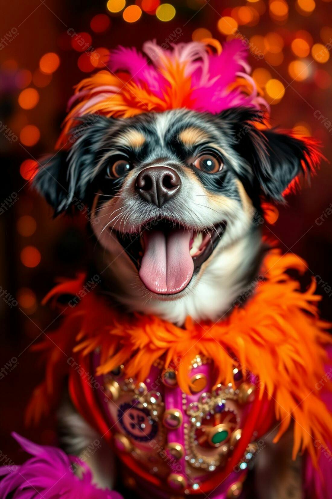 Cachorro feliz em fantasia colorida