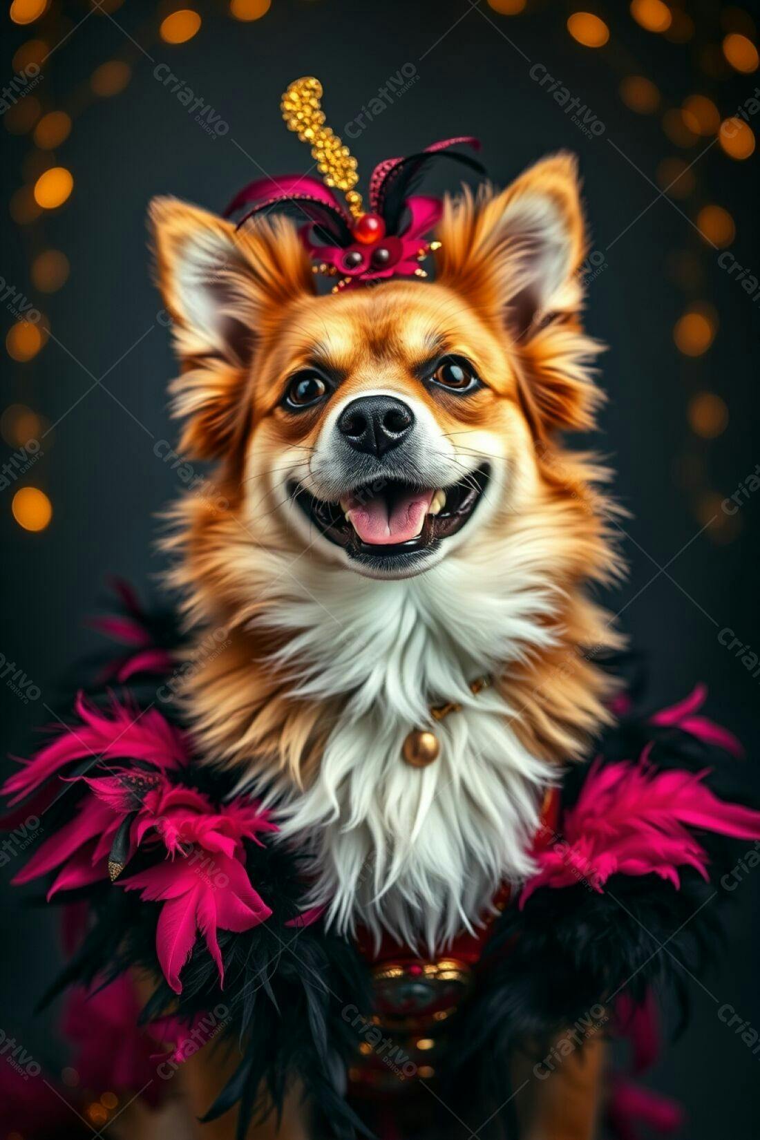 Cachorro com fantasia feliz fundo escuro