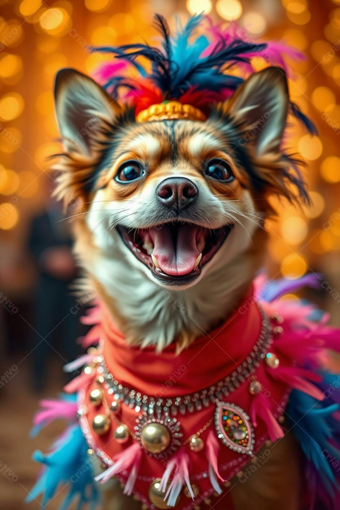 Cachorro feliz com fantasia colorida