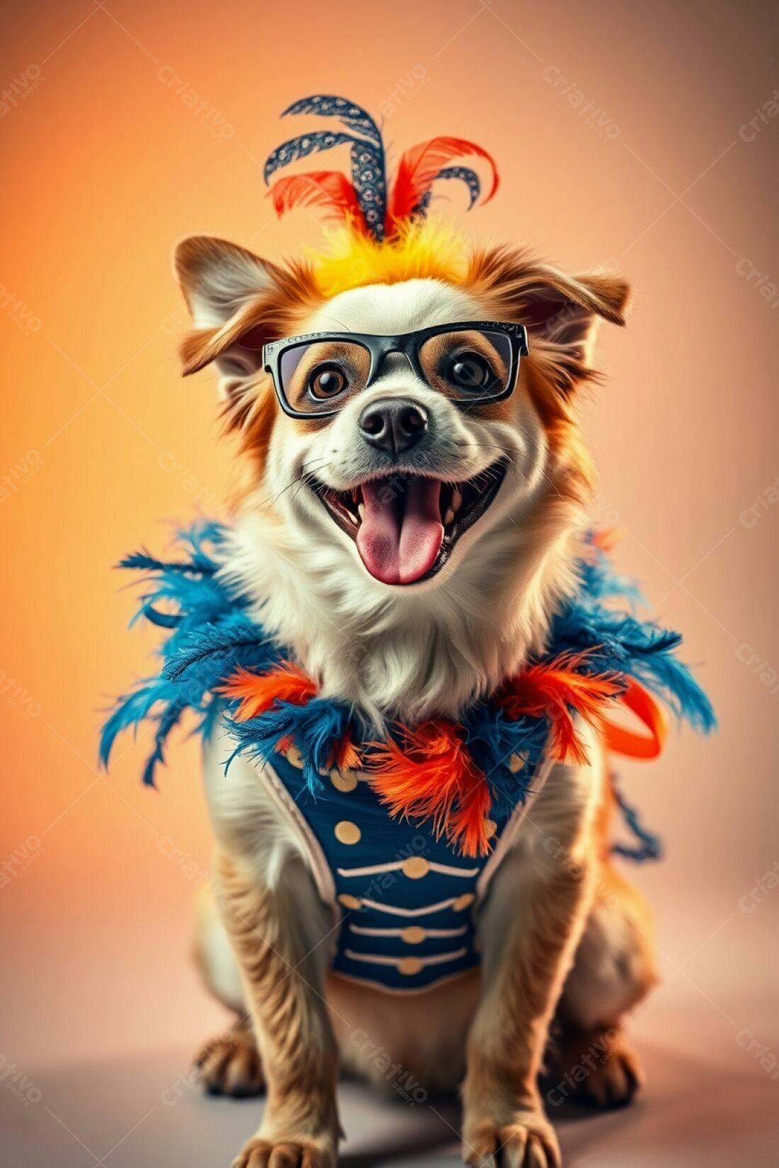 Cachorro com óculos e fantasia de carnaval