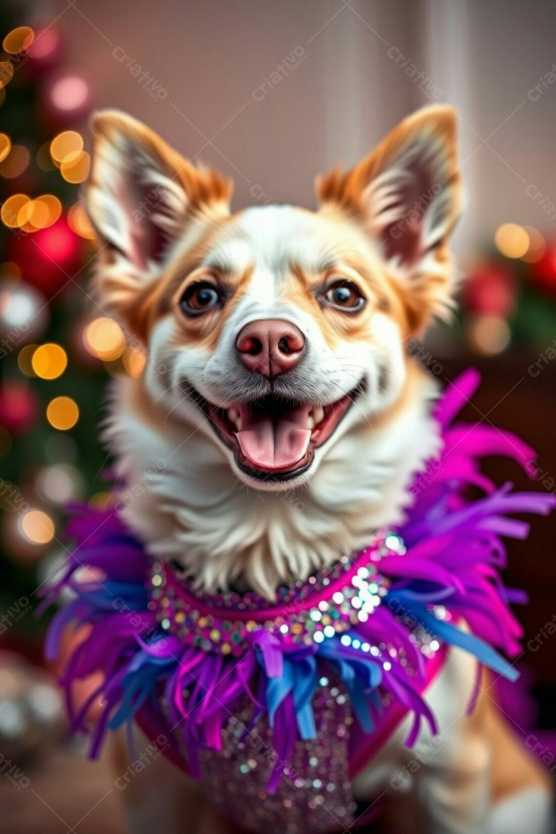 Cachorro feliz Natal roupa roxa