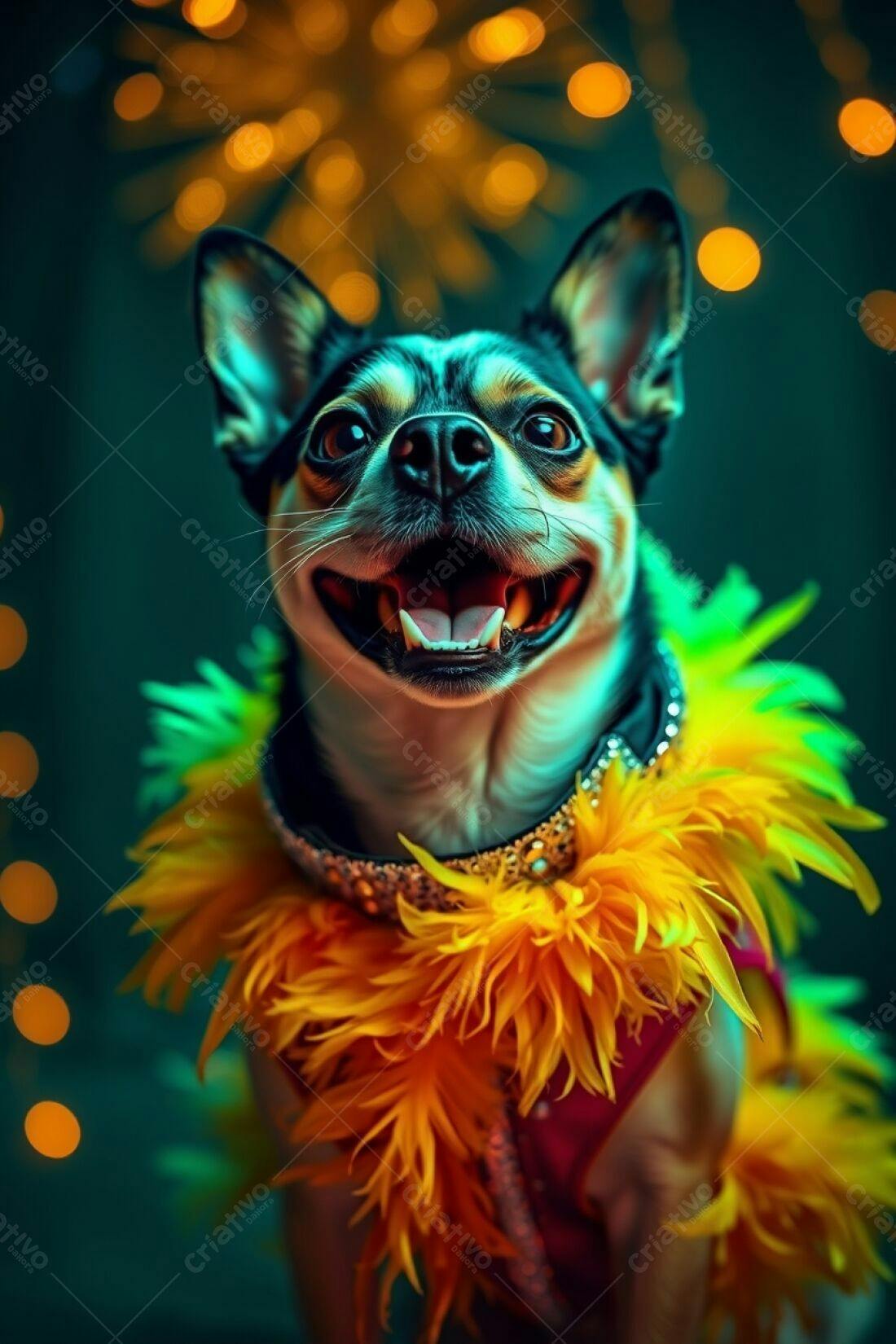 Cachorro chihuahua feliz com plumas amarelas
