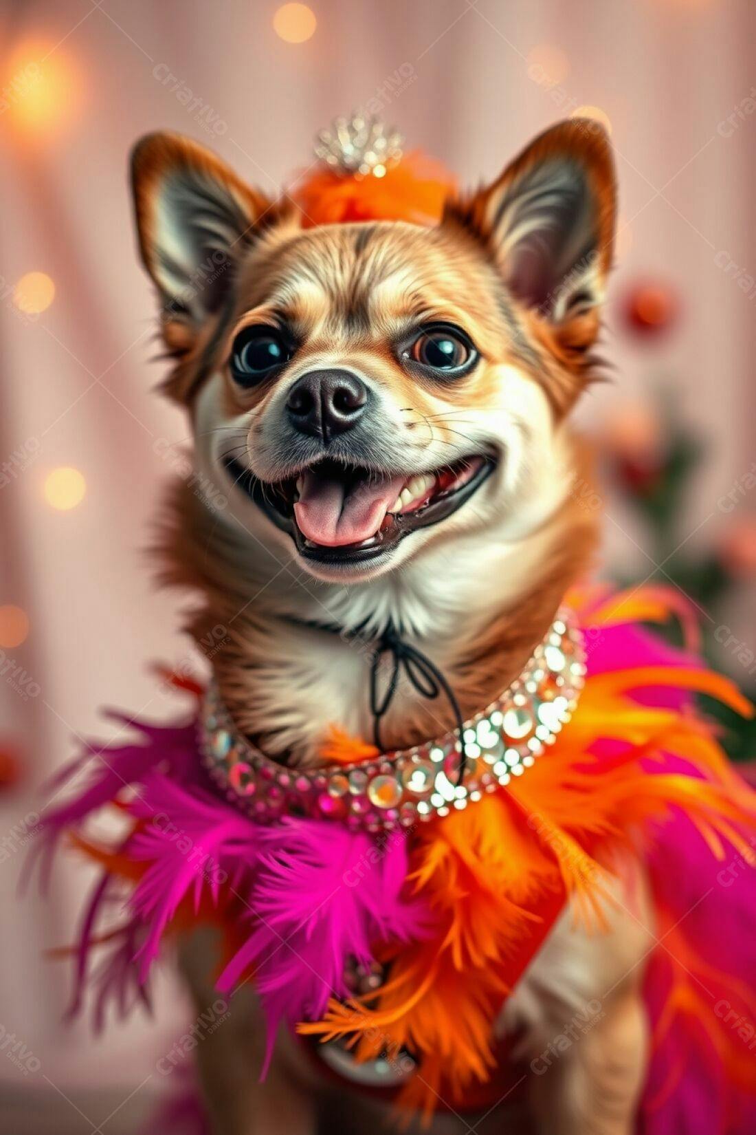 Chihuahua alegre com penas coloridas