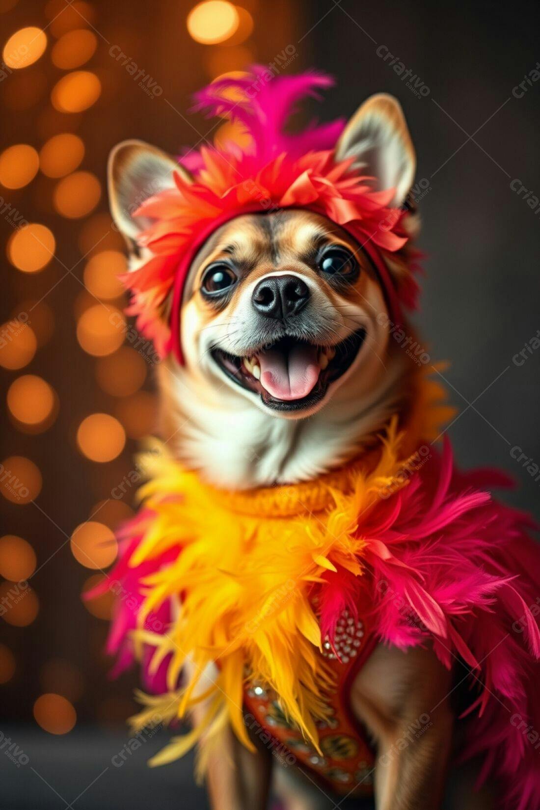 Cachorro chihuahua com fantasia de penas coloridas