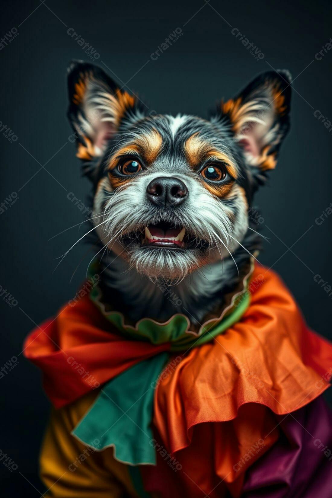 Cachorro pequeno com fantasia de palhaço