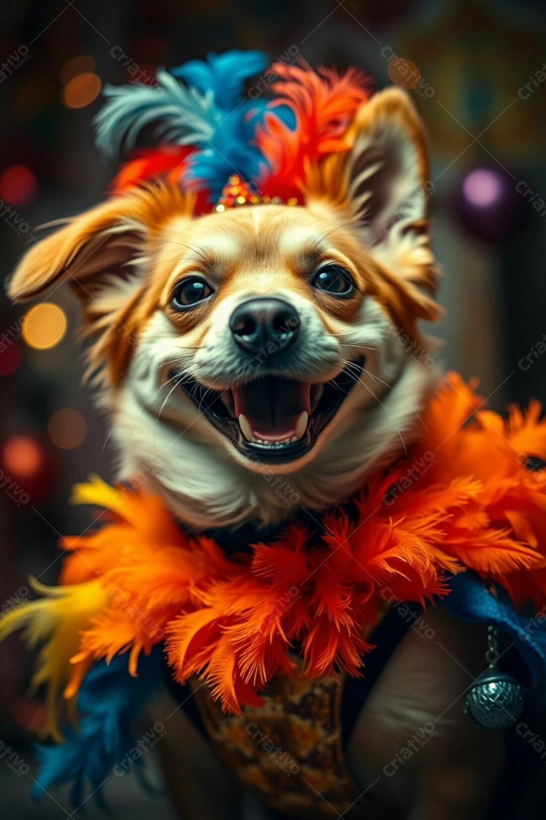 Cachorro feliz com penas coloridas
