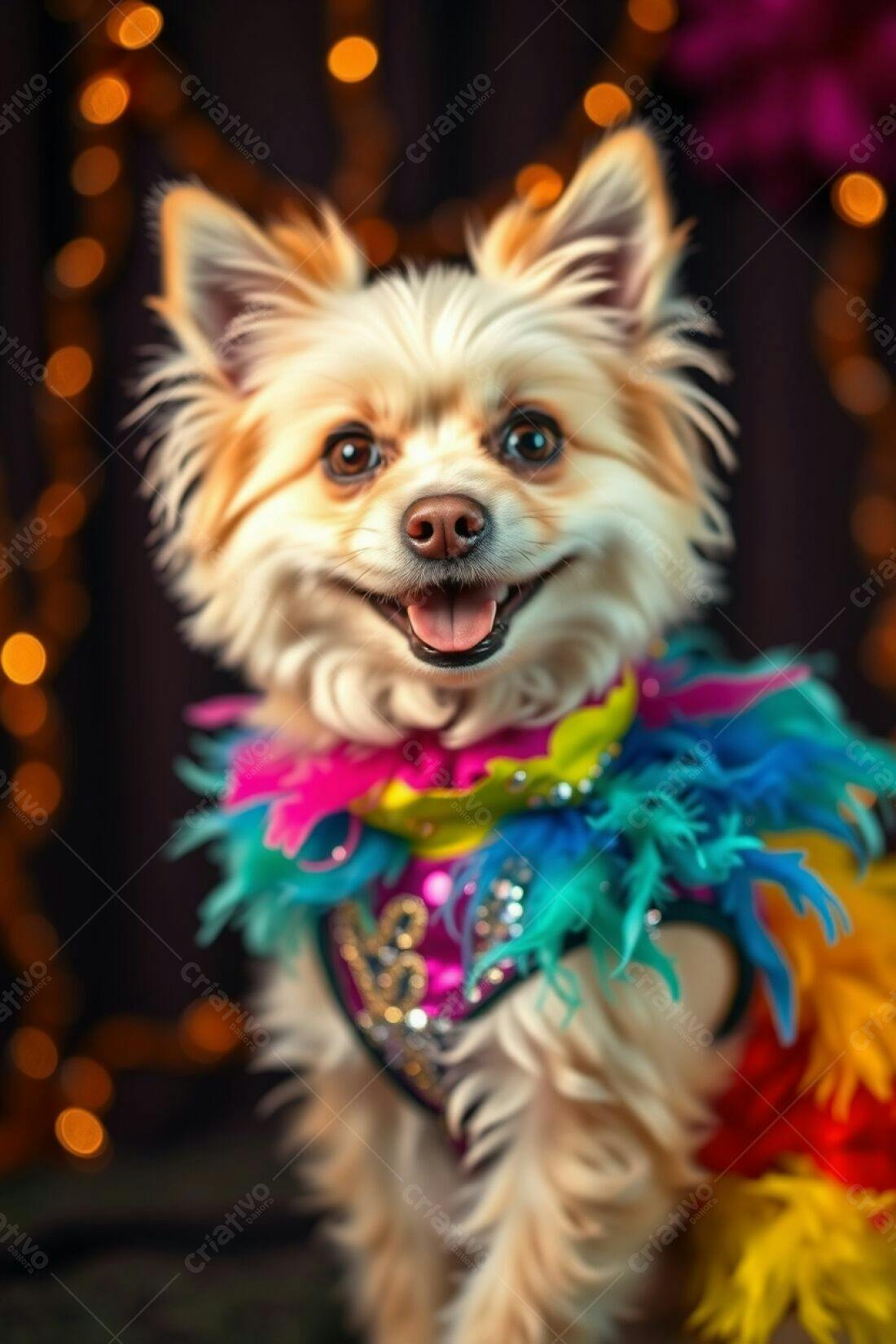 Cachorro sorridente com fantasia colorida