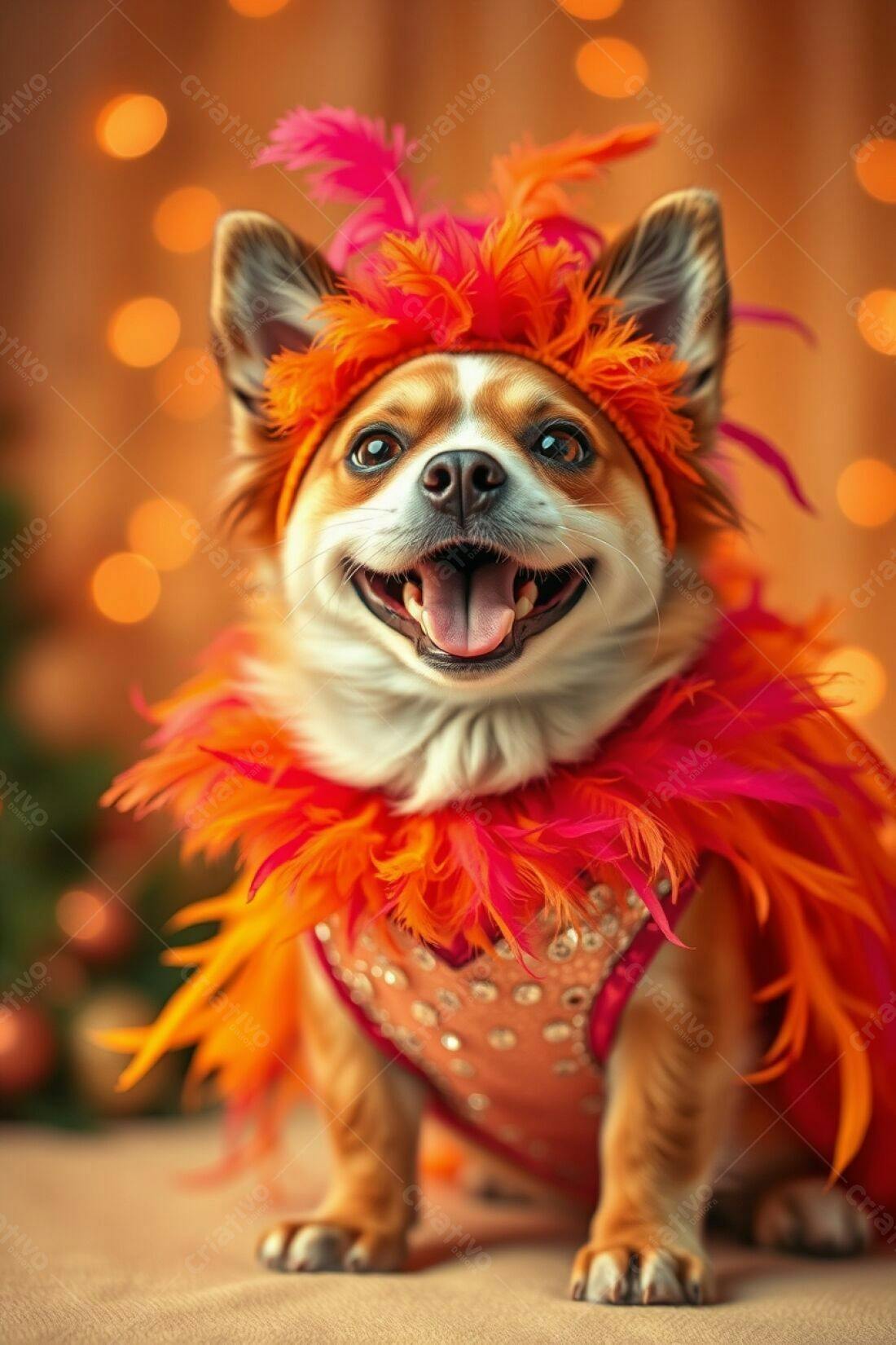 Cachorro com fantasia de penas laranja e rosa