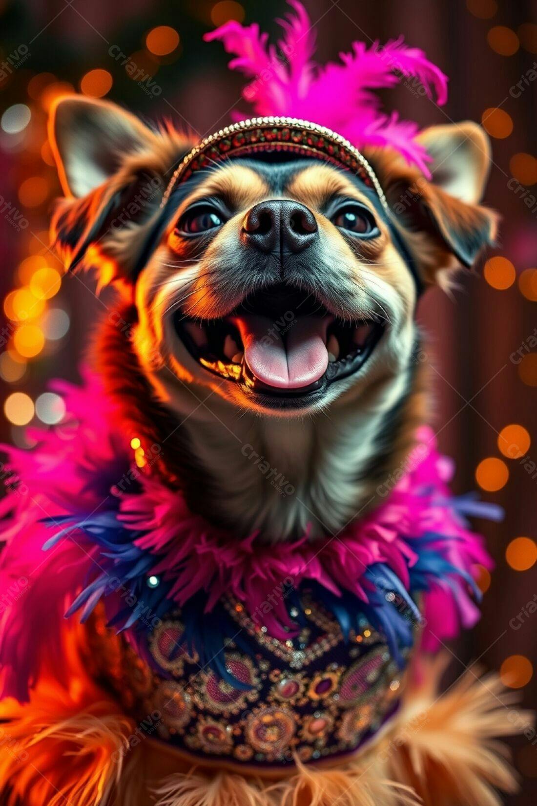 Cachorro com fantasia de carnaval sorrindo