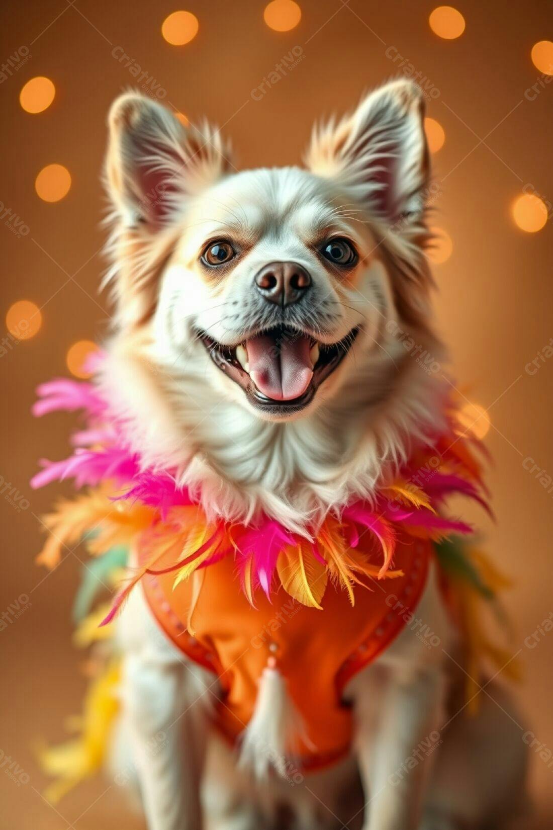 Cachorro feliz com roupa de penas fundo dourado