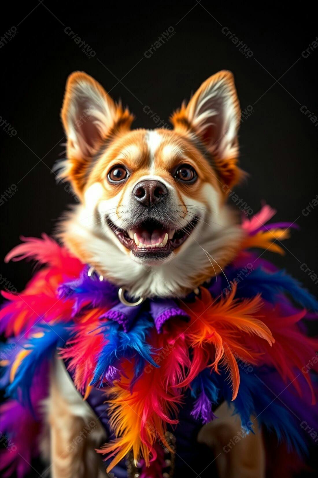 Cachorro sorridente com plumas coloridas