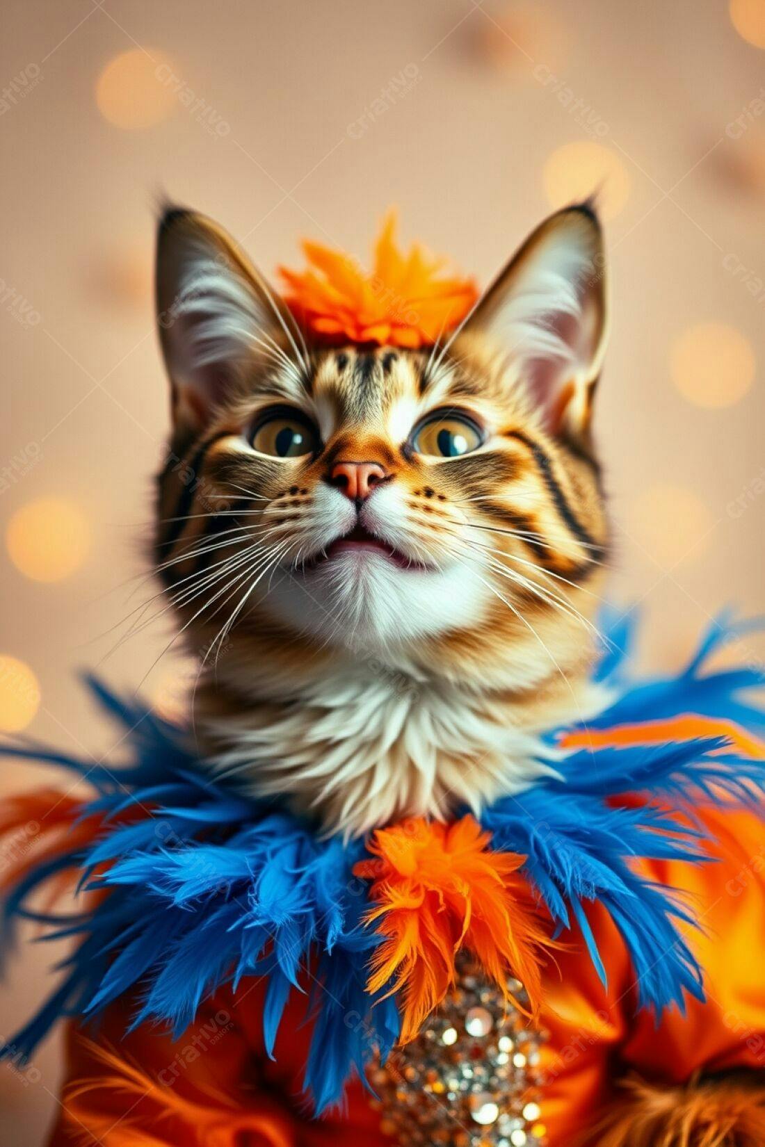 Gato Bengal com fantasia laranja e azul