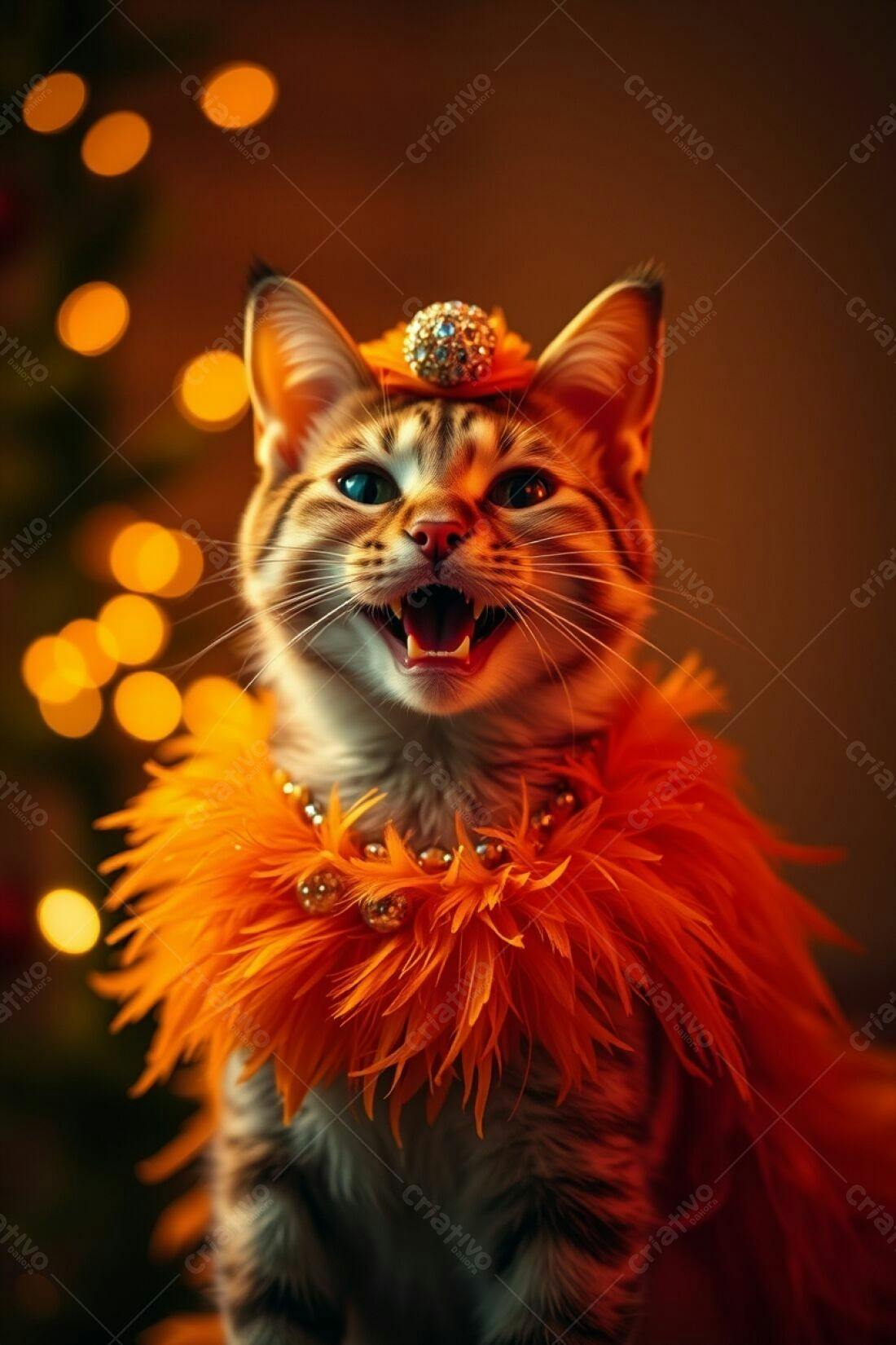 Gato Bengal com Penas Laranja Natal
