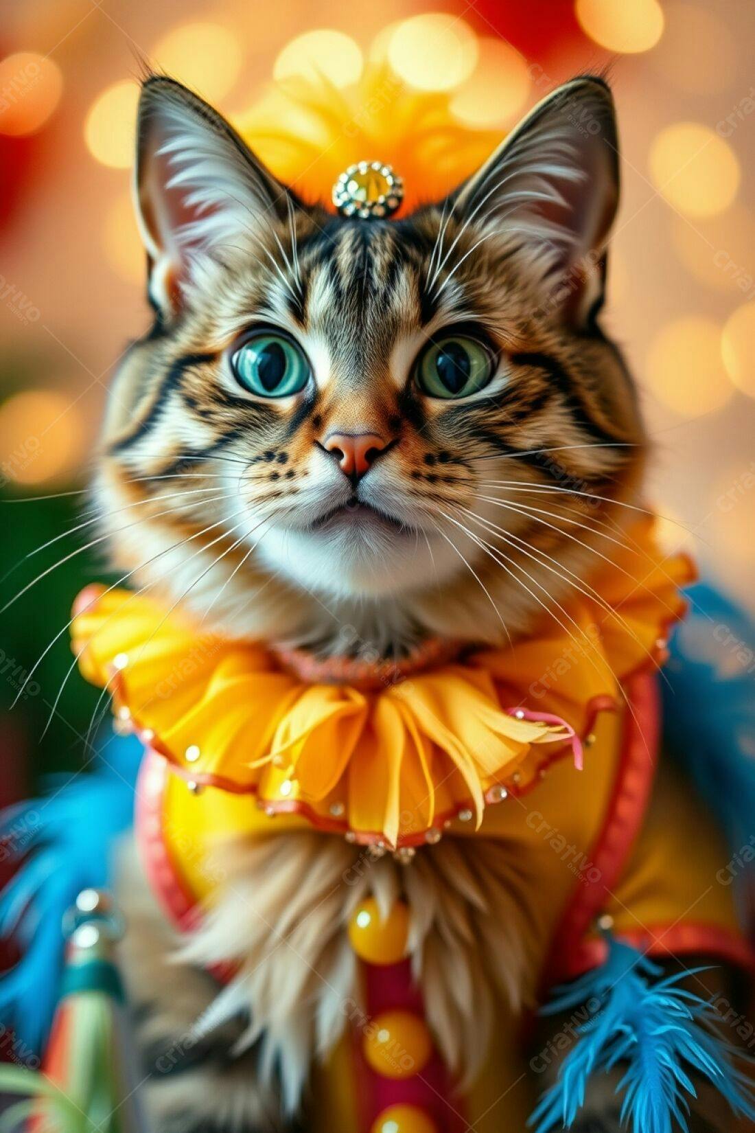 Gato com fantasia de palhaço cores vibrantes