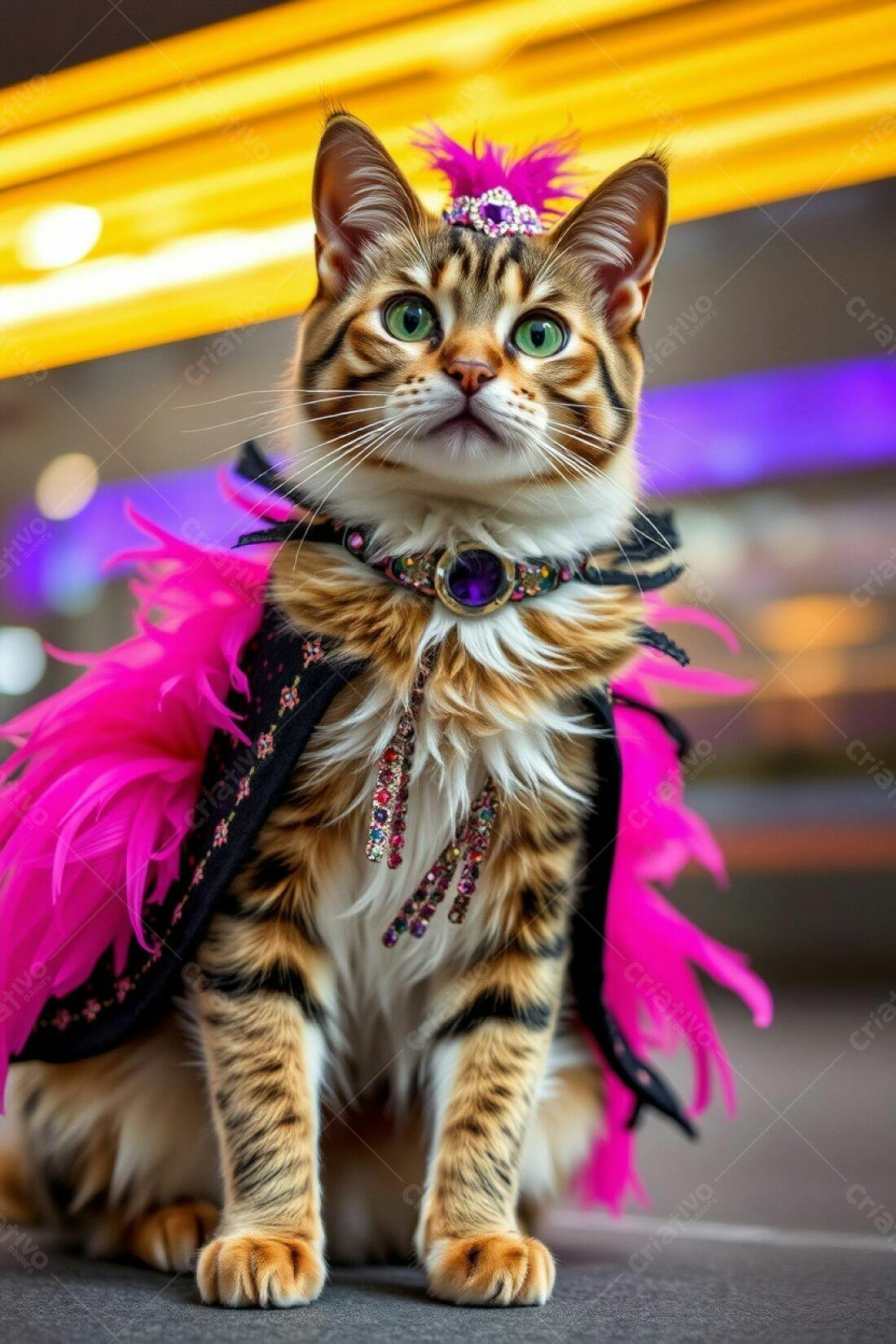 Gata Bengala com roupa rosa e acessórios
