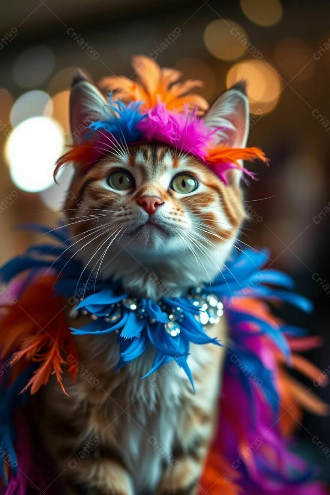 Gato com fantasia colorida e penas