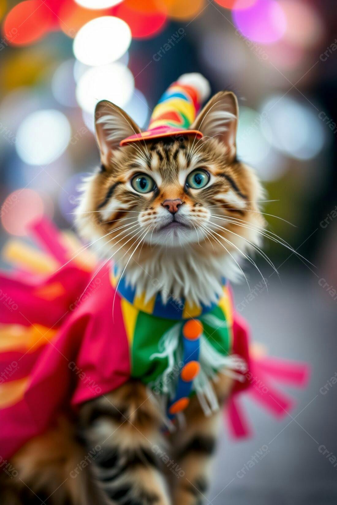 Gato com fantasia de palhaço em fundo brilhante