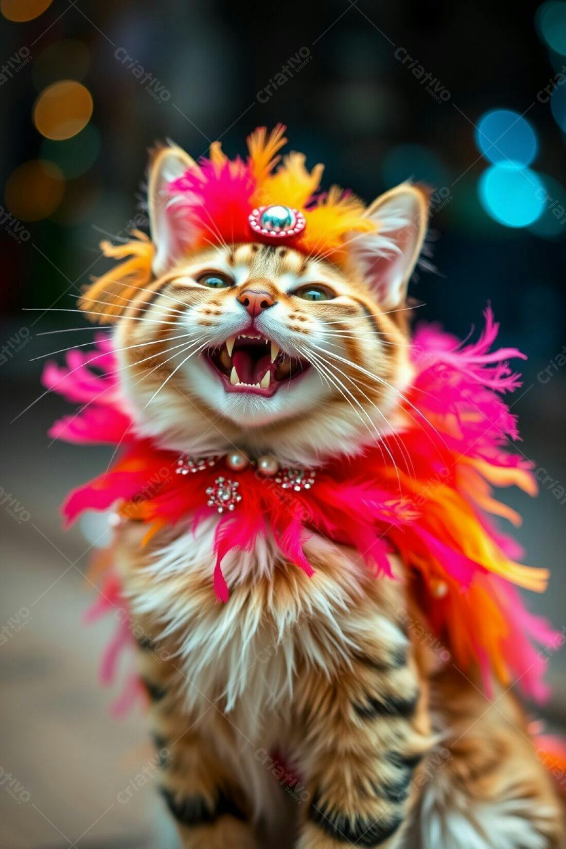 Gato ruivo com fantasia de penas vibrantes