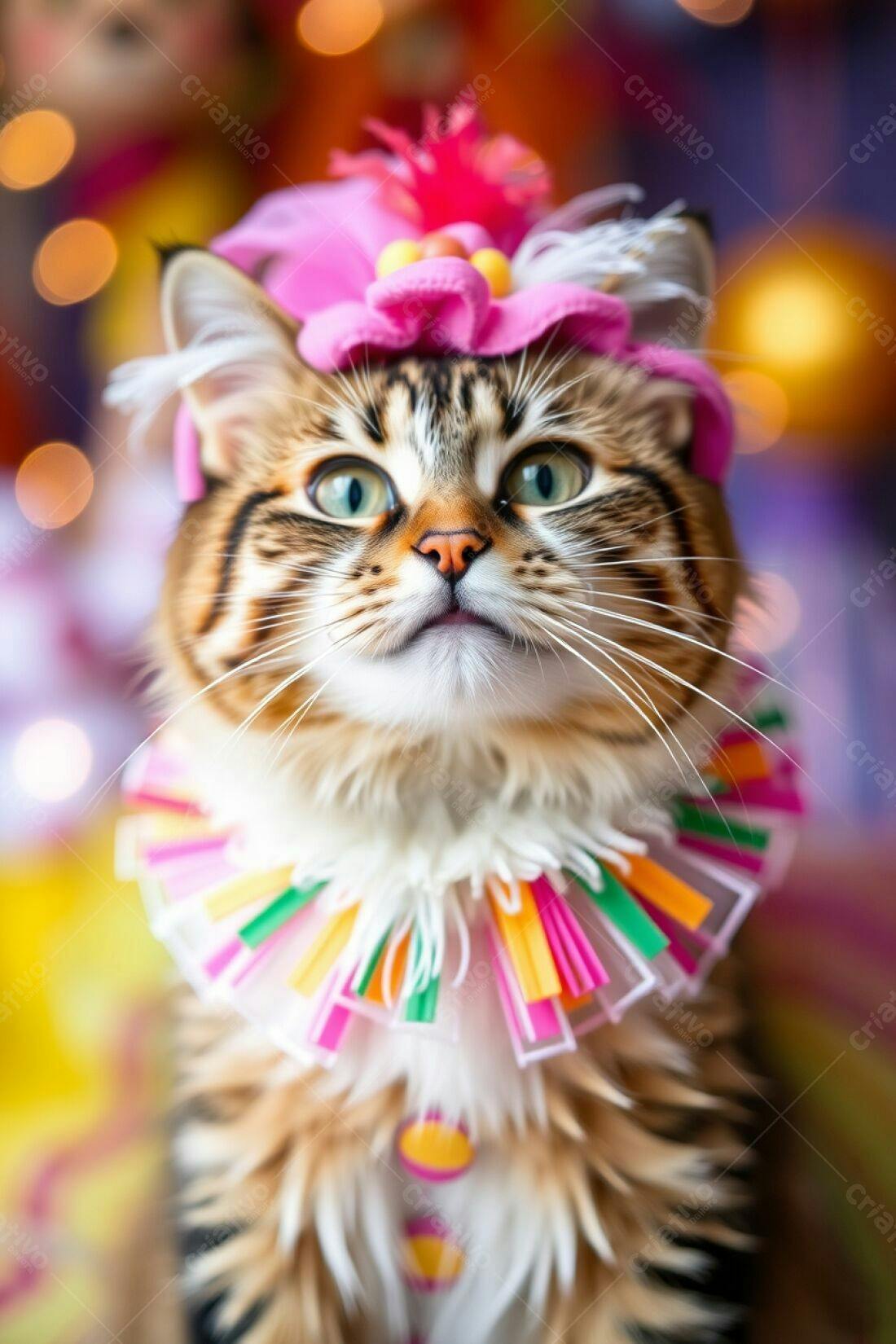 Gato com chapéu e colar coloridos
