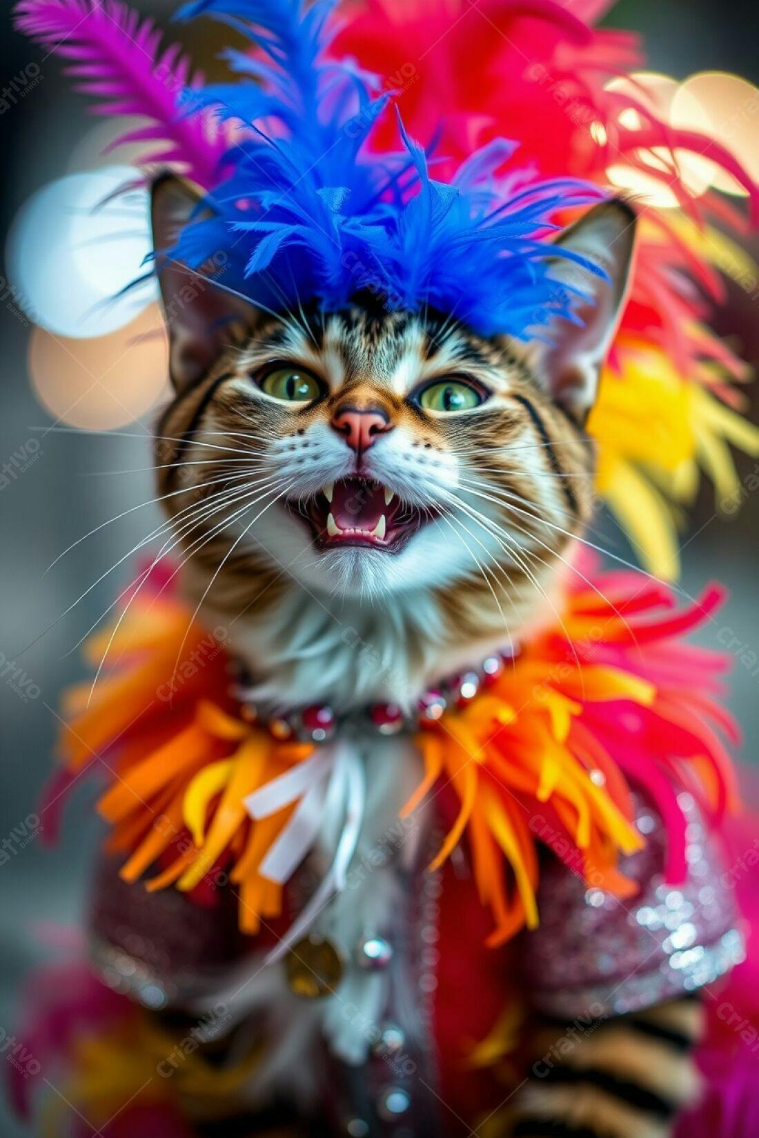 Gato com fantasia de Carnaval cores vibrantes