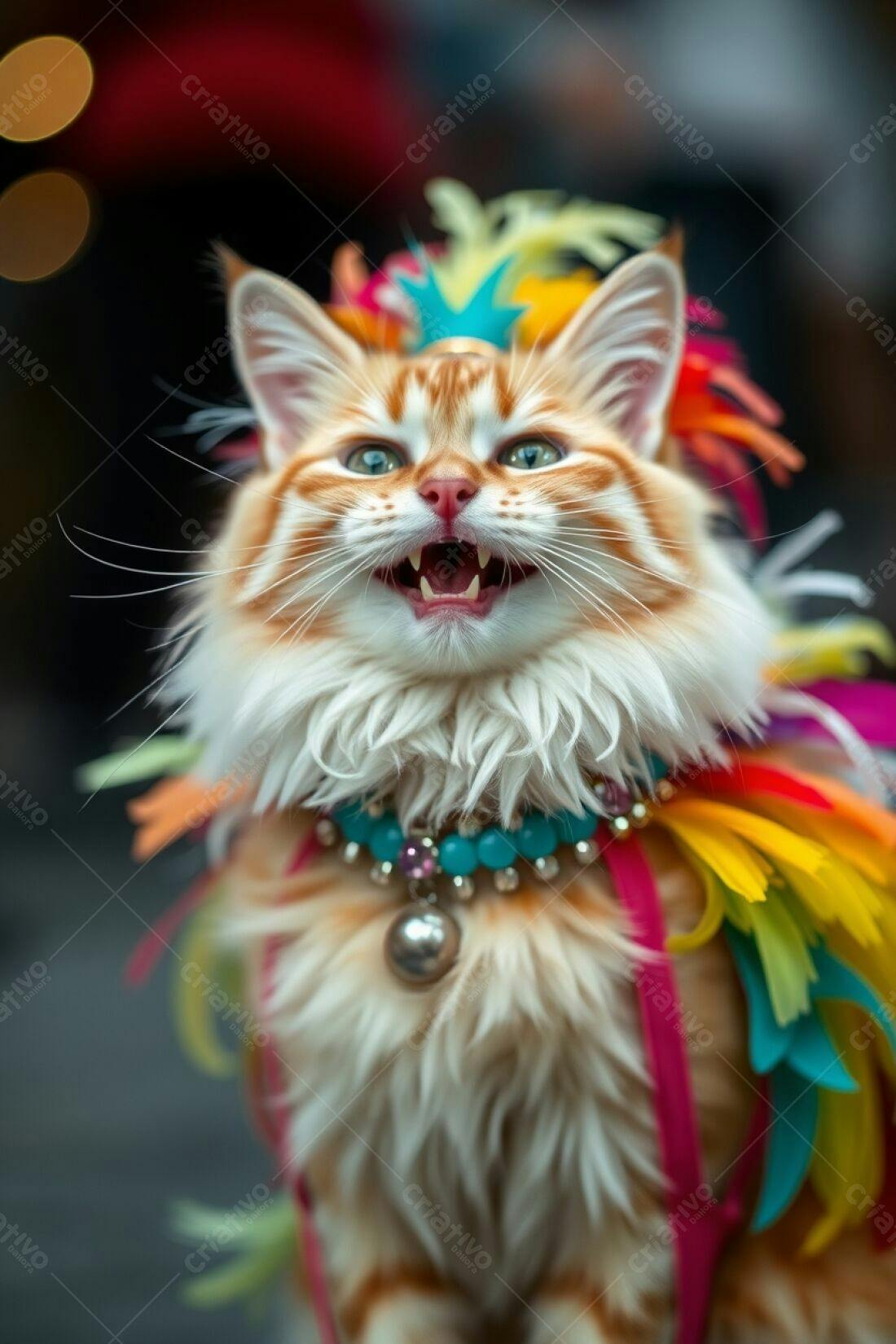 Gato ruivo com fantasia colorida