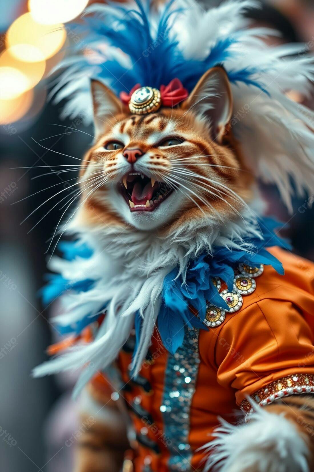 Gato ruivo fantasiado em traje laranja e azul