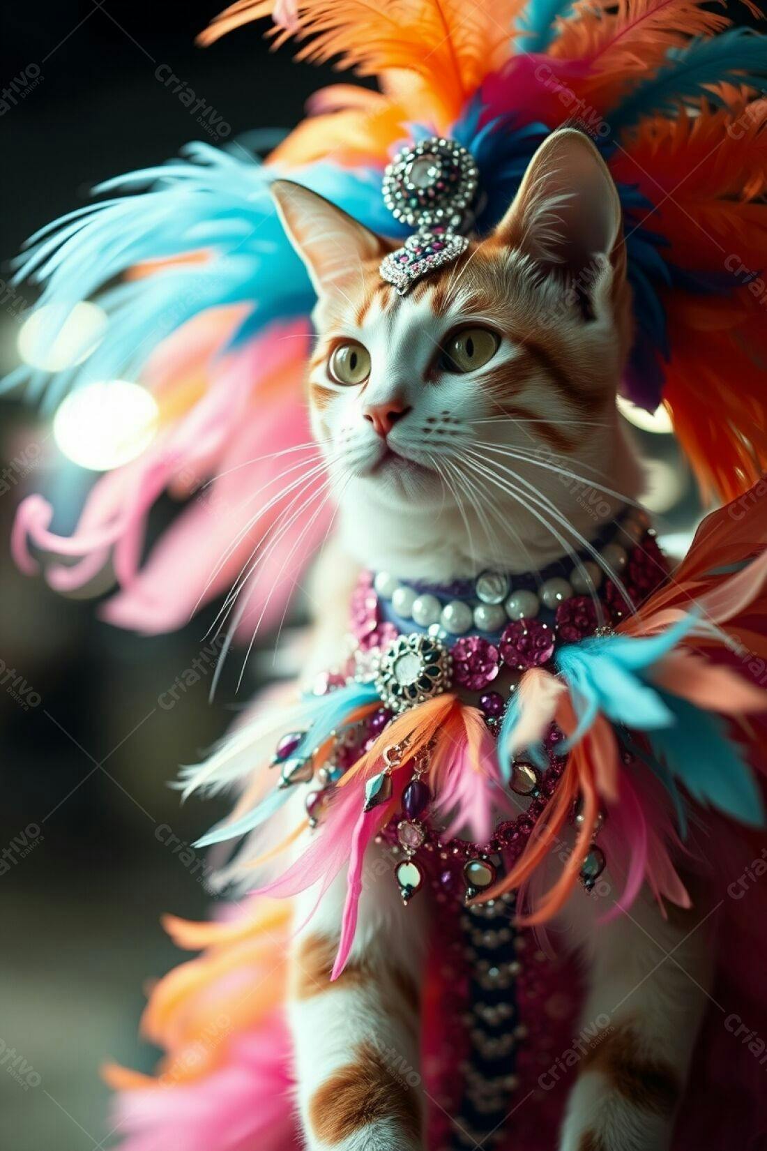 Gato com fantasia de Carnaval cores vibrantes