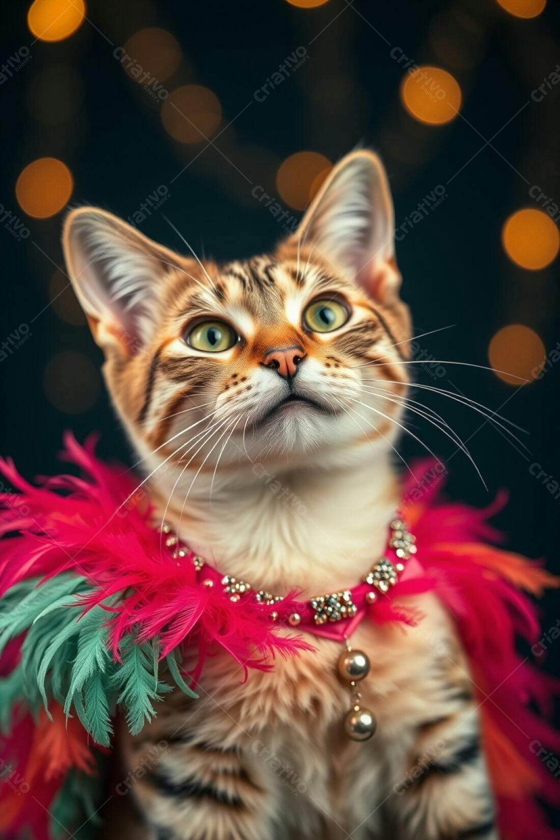 Gatinho Bengal com colar de penas rosa e dourado