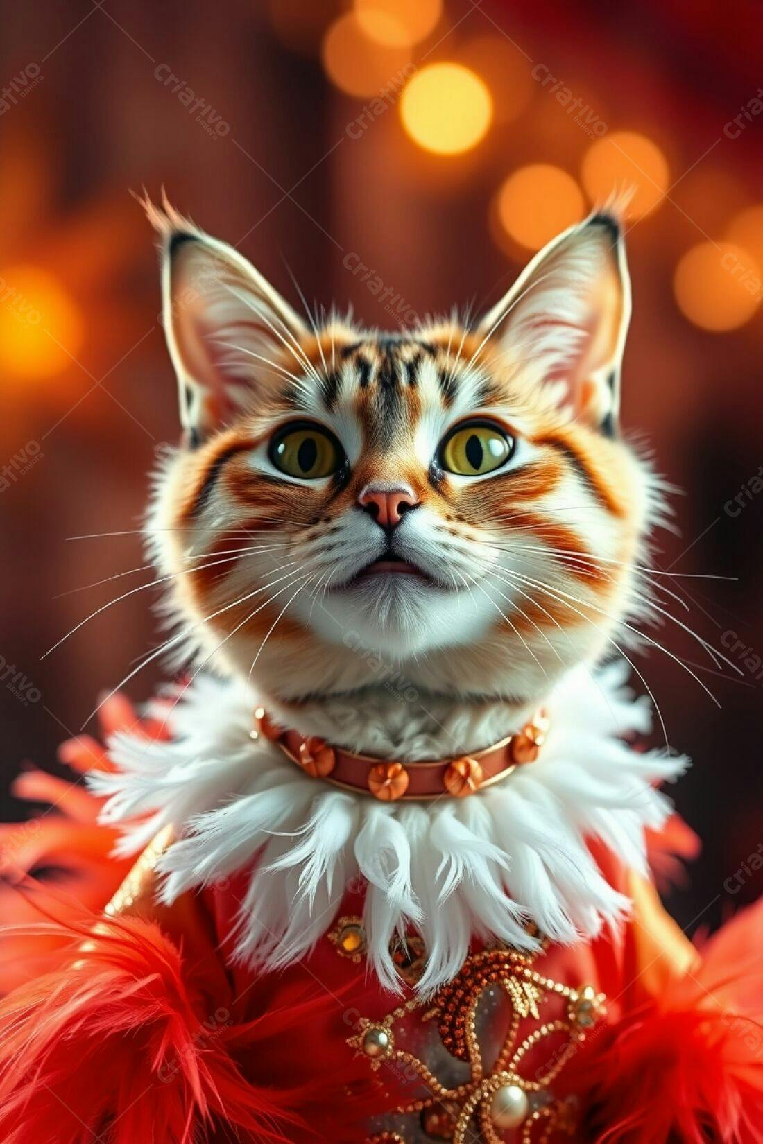 Gato com roupa vermelha e penas