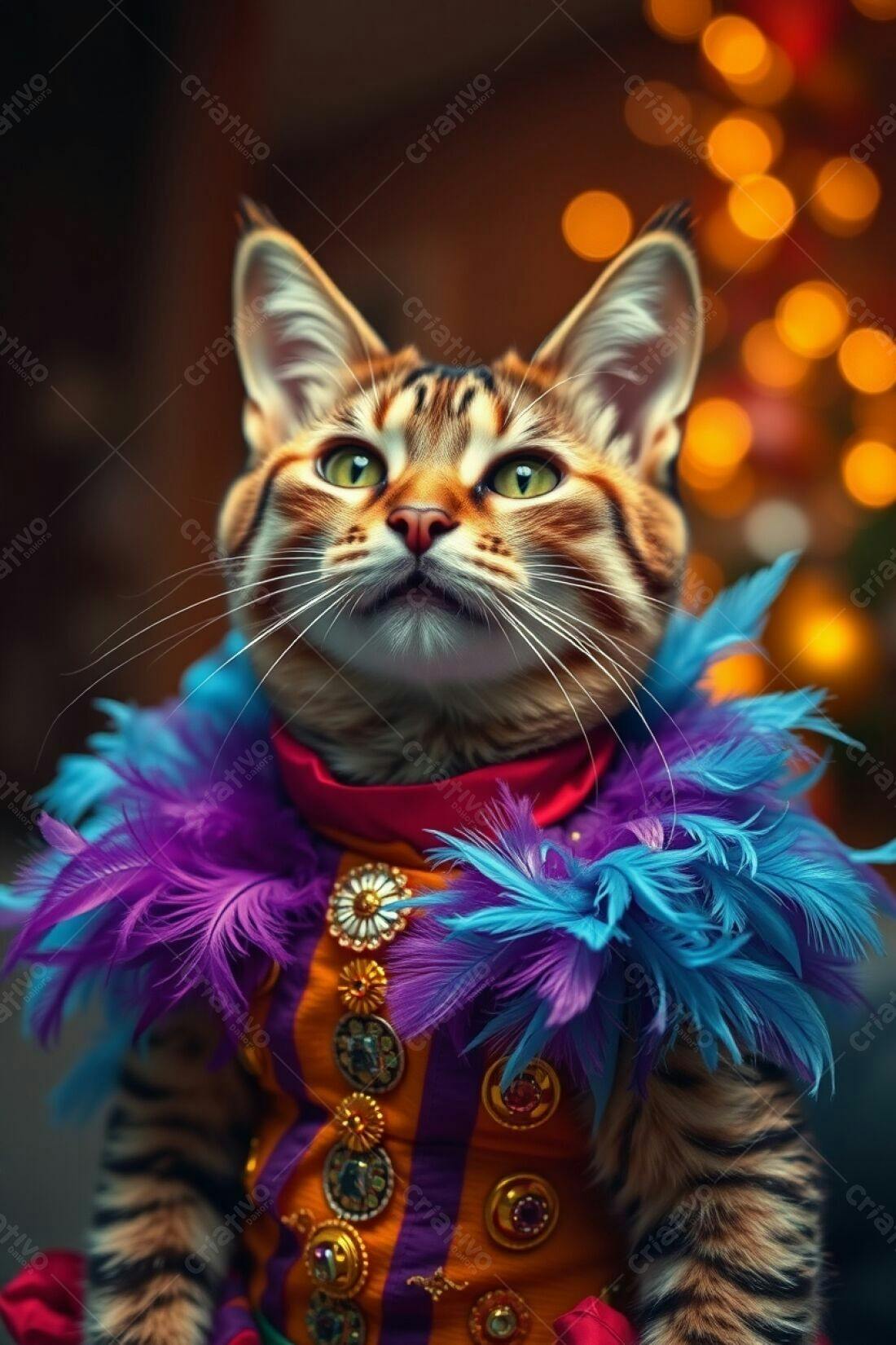 Gato com fantasia de penas coloridas