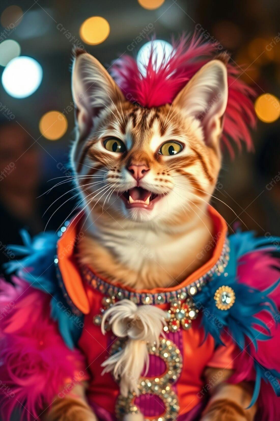 Gato ruivo com fantasia colorida e penteado moicano