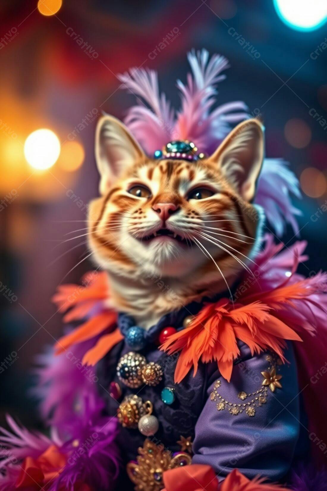 Gato ruivo com fantasia colorida e penas