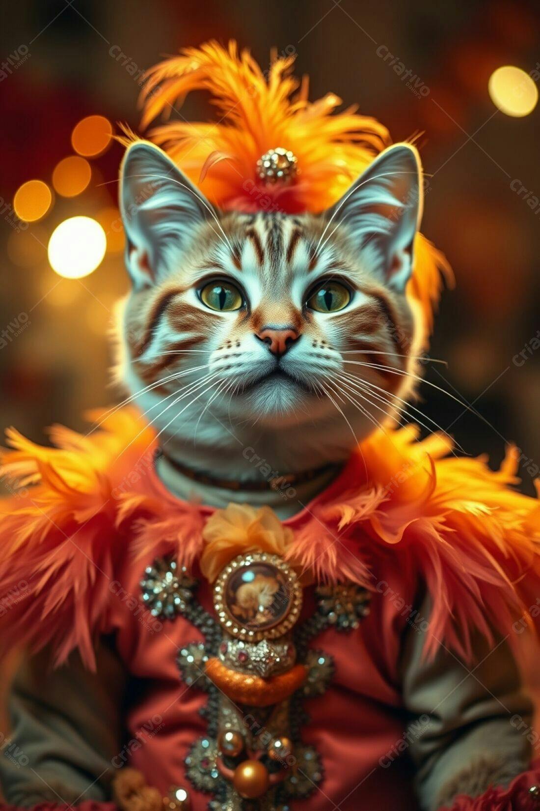 Gato com fantasia de penas laranja